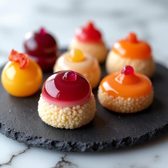 Selezione di dolci monoporzione dal design raffinato, con glasse lucide e delicate rifiniture.