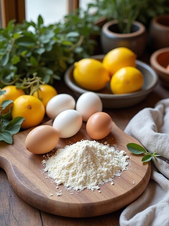 Ingredienti freschi e locali: uova, farina e limoni sul tavolo da lavoro