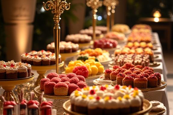 Un tavolo da catering elegantemente allestito con una varietà di dolci raffinati e frutta fresca, pronto per un evento.