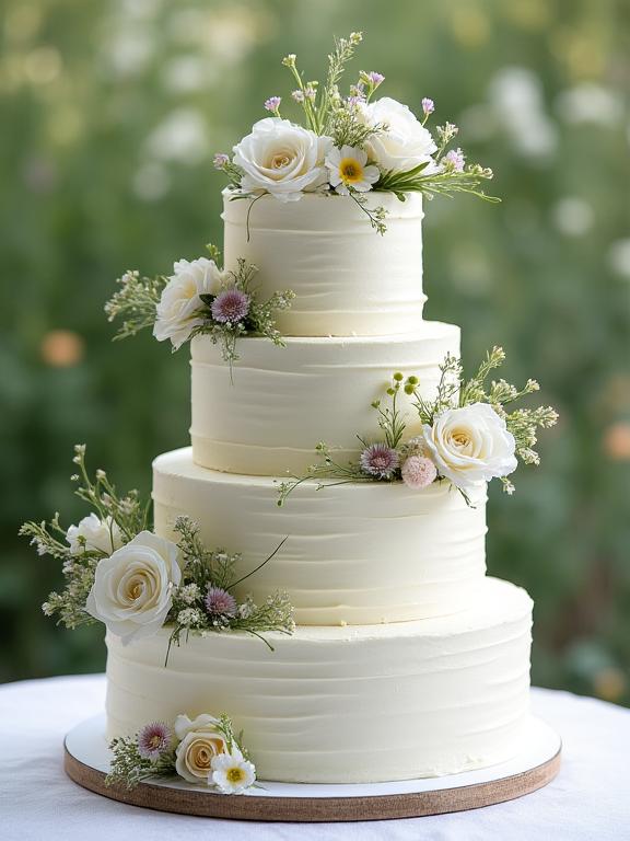 Elegante torta nuziale a più piani con delicati fiori di campo freschi e glassa liscia.