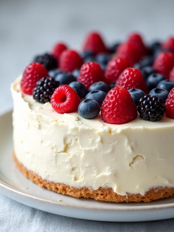 Squisita torta vegana con crema leggera e una generosa guarnizione di frutti di bosco freschi.